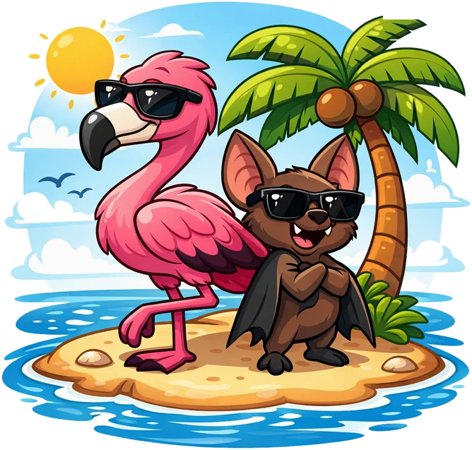 A flamingo and a bat in sunglasses chilling on a small palm-tree island